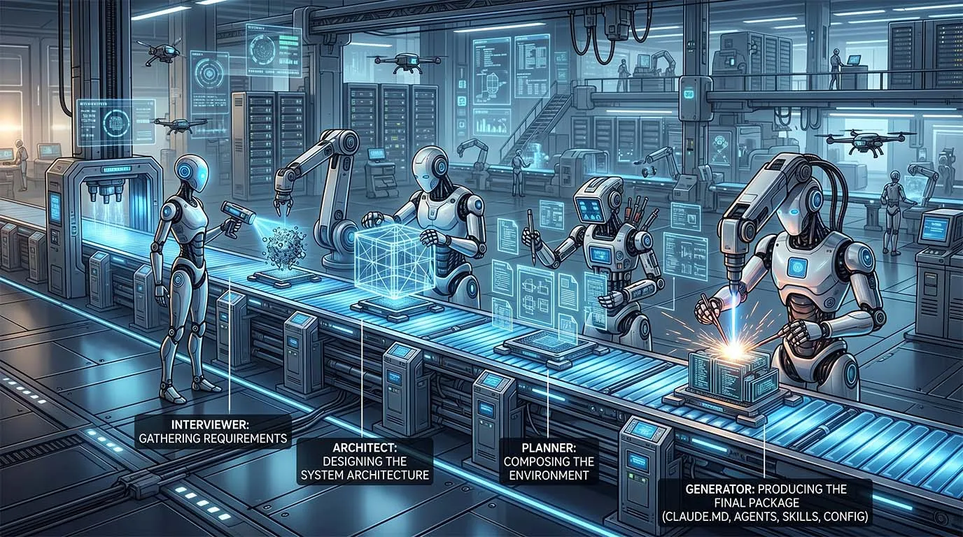 Armature four-stage pipeline banner showing Interviewer, Architect, Planner, and Generator stages arranged in sequence