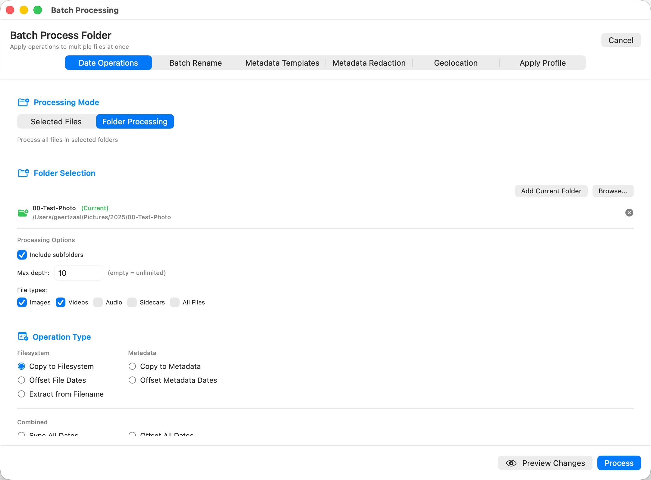 MetaScope batch processing across template application, date operations, privacy redaction, and rename rules