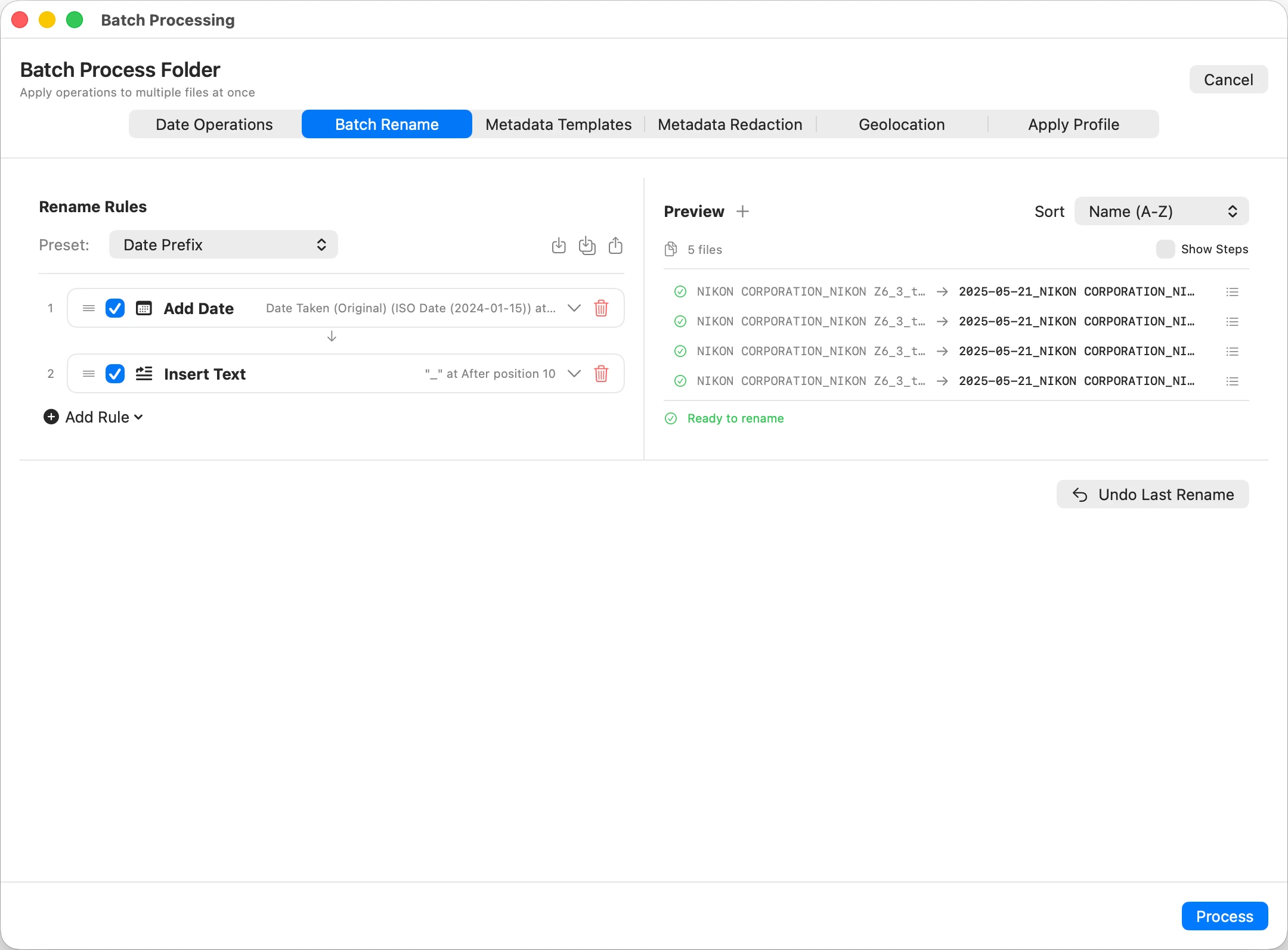 MetaScope Batch Rename tab with a Date Prefix preset and an Add Date rule sourced from Date Taken, showing a live before and after column