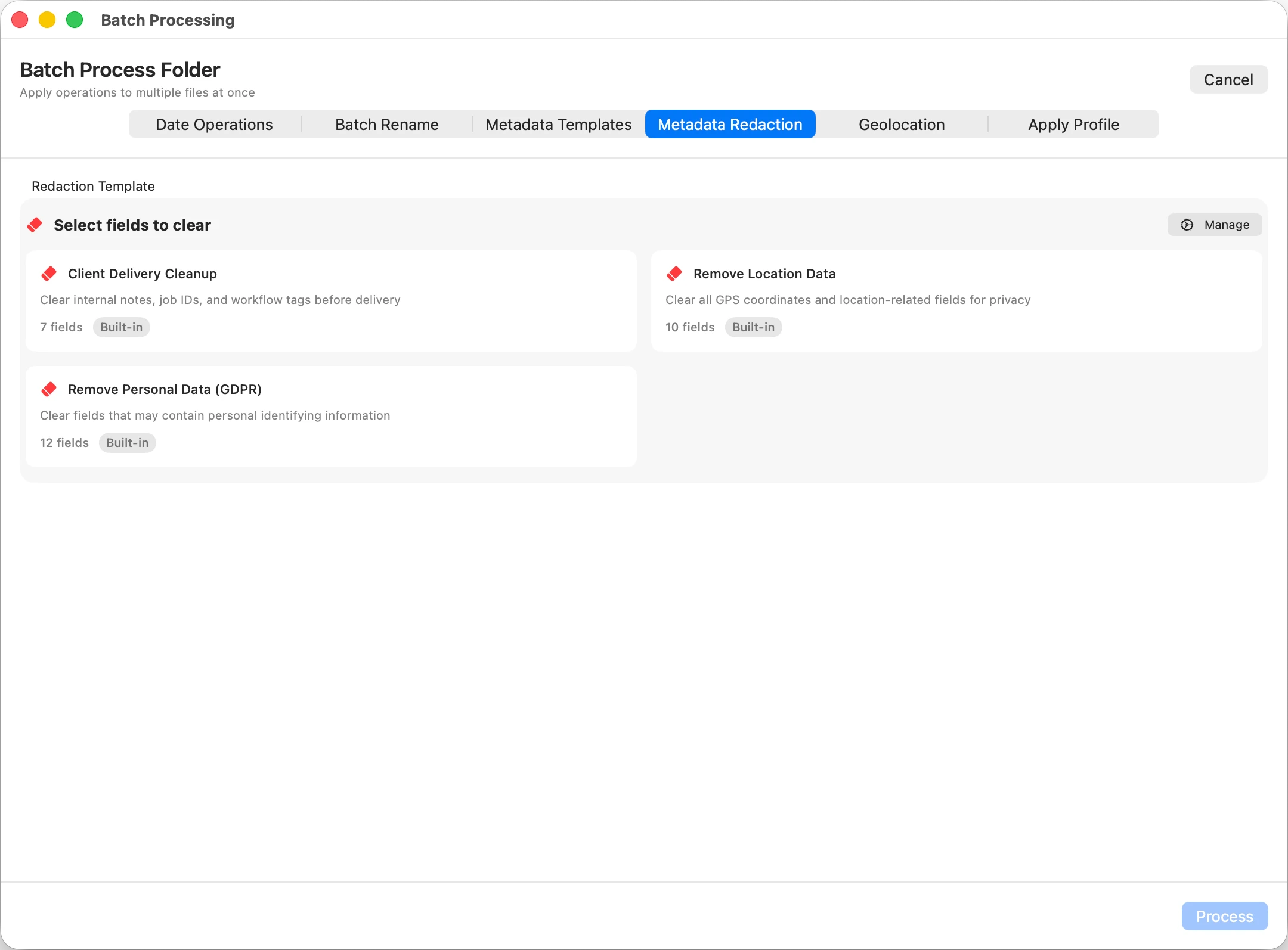 MetaScope Metadata Redaction tab with a Client Delivery Cleanup template and options to remove location data and personal data