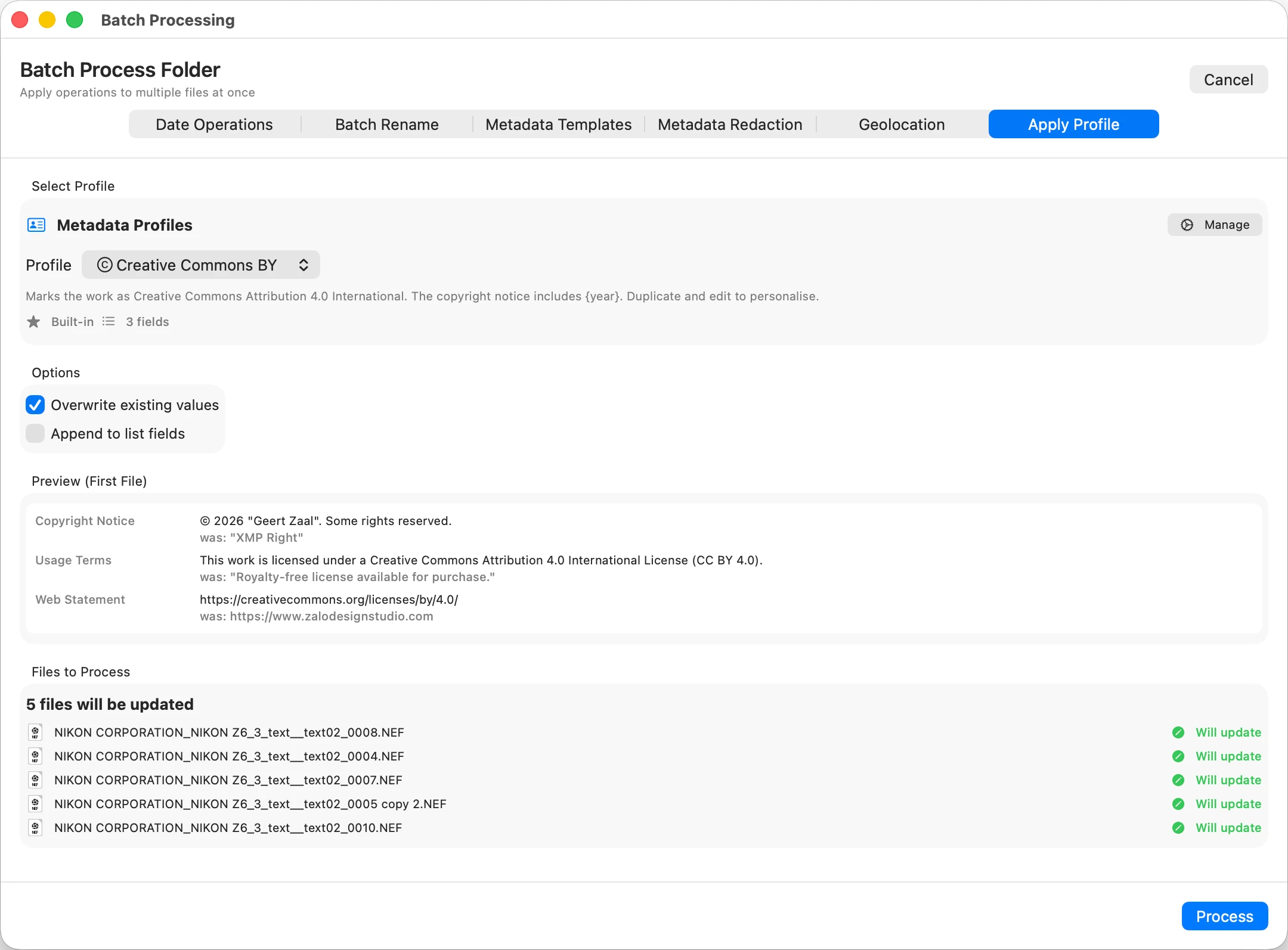 MetaScope applying a copyright profile to a batch so delivered files carry the correct rights