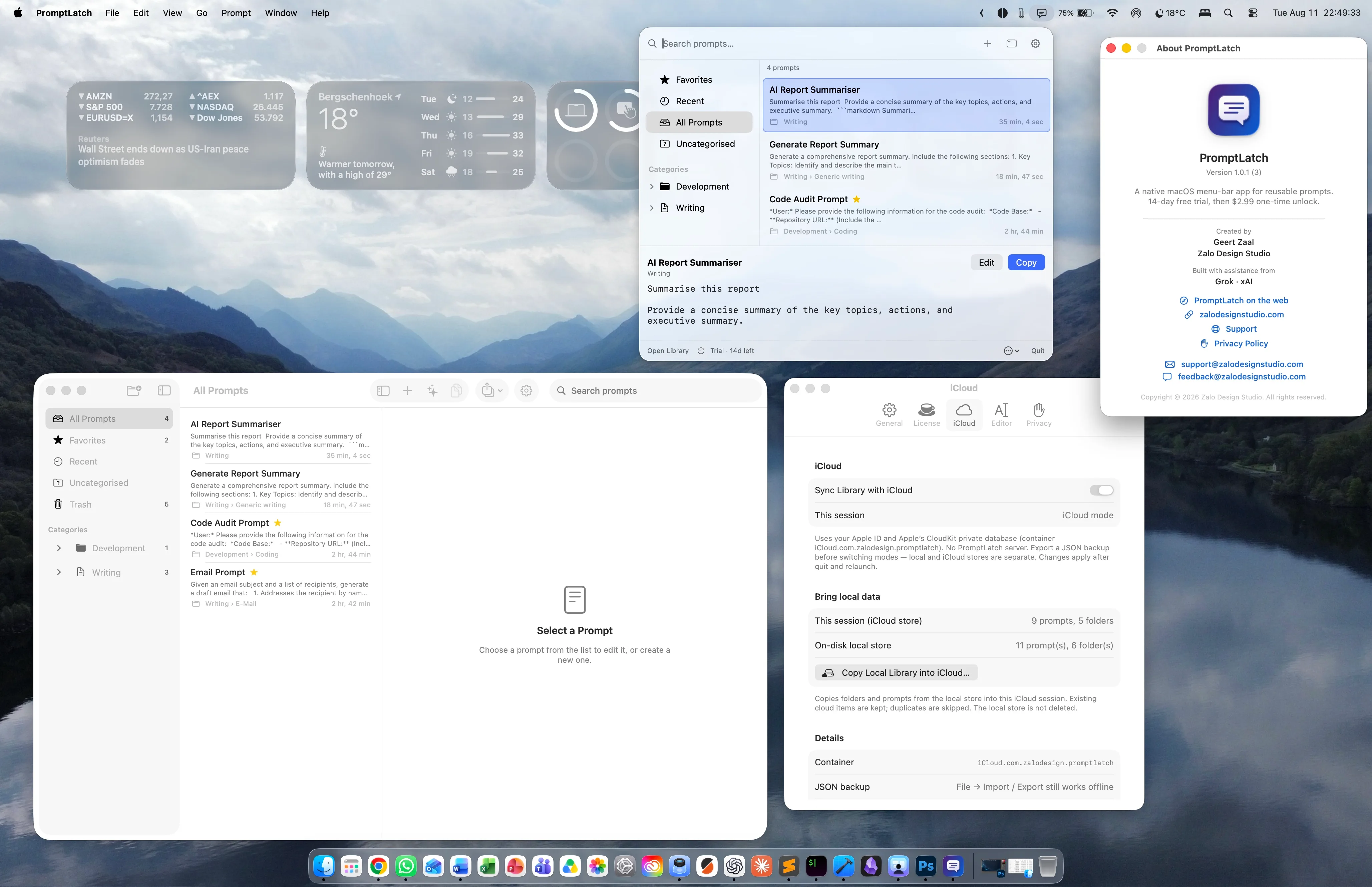 PromptLatch on macOS: the menu-bar panel open over the desktop with a prompt previewed, the three-column Library window below it, and the Settings window alongside