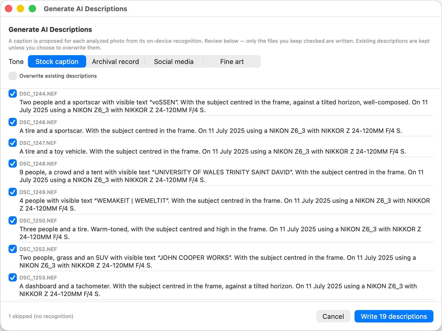 MetaScope Generate AI Descriptions review list, per-photo captions in the Stock caption tone with a Write descriptions button