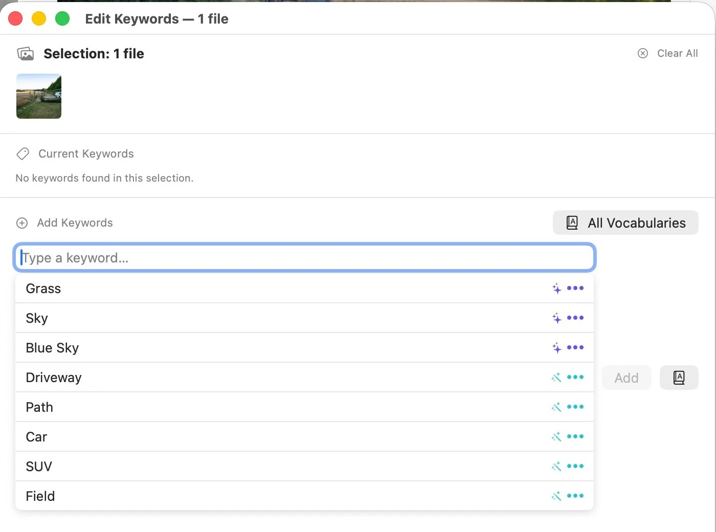 MetaScope keyword suggestions showing Vision matches with a purple sparkle and Enhanced Recognition matches with a teal wand, side by side in the Edit Keywords window