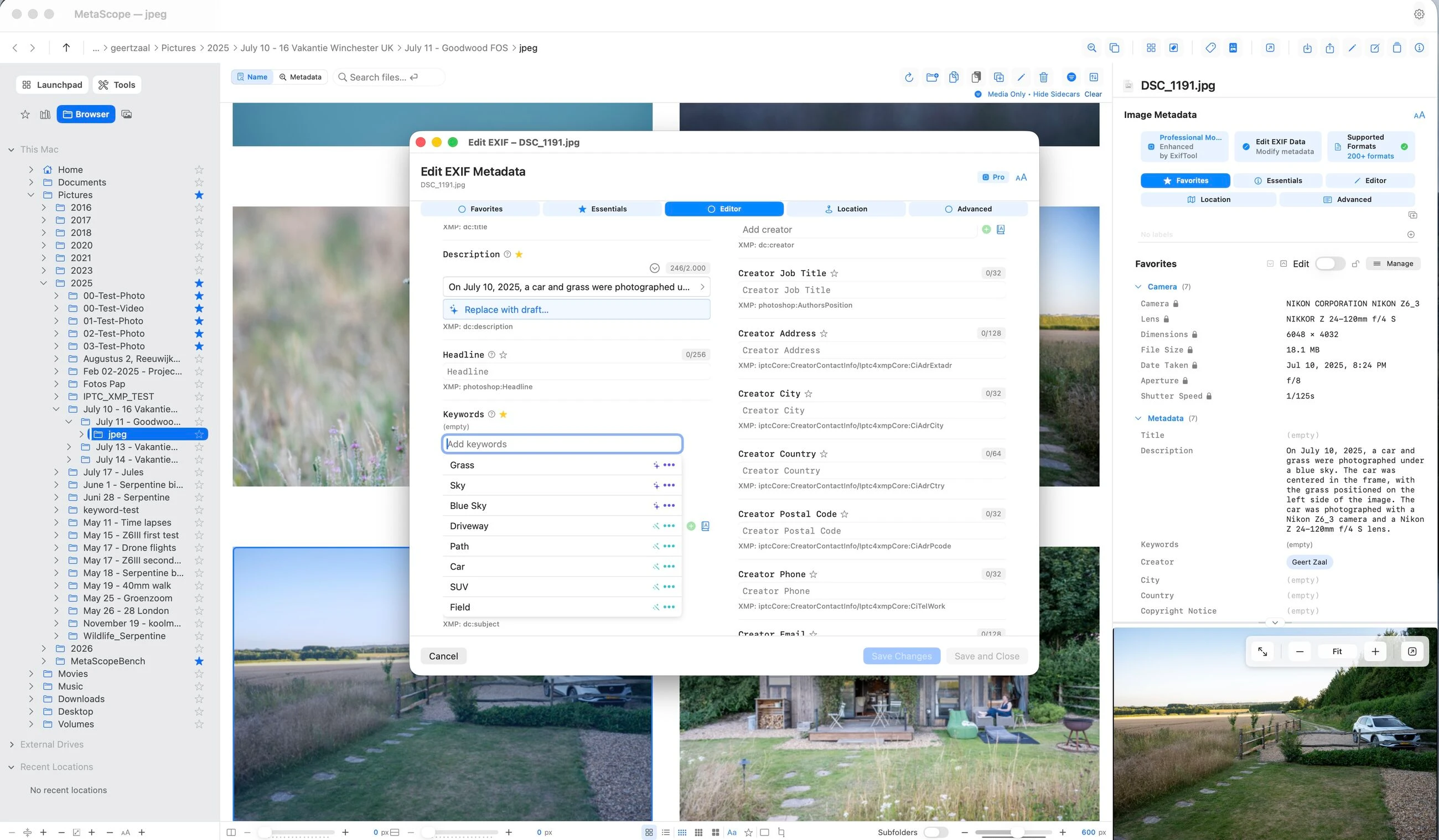 MetaScope showing a photo's AI-generated description in the Edit EXIF window and the Info Panel, with smart keyword suggestions in the keyword field