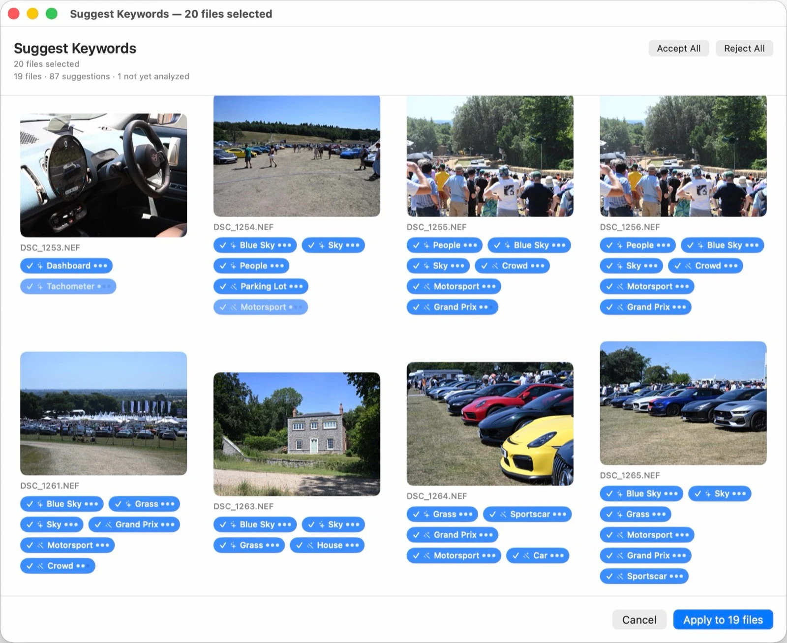 MetaScope Suggest Keywords review grid with badged Vision keyword suggestions across a folder of photos