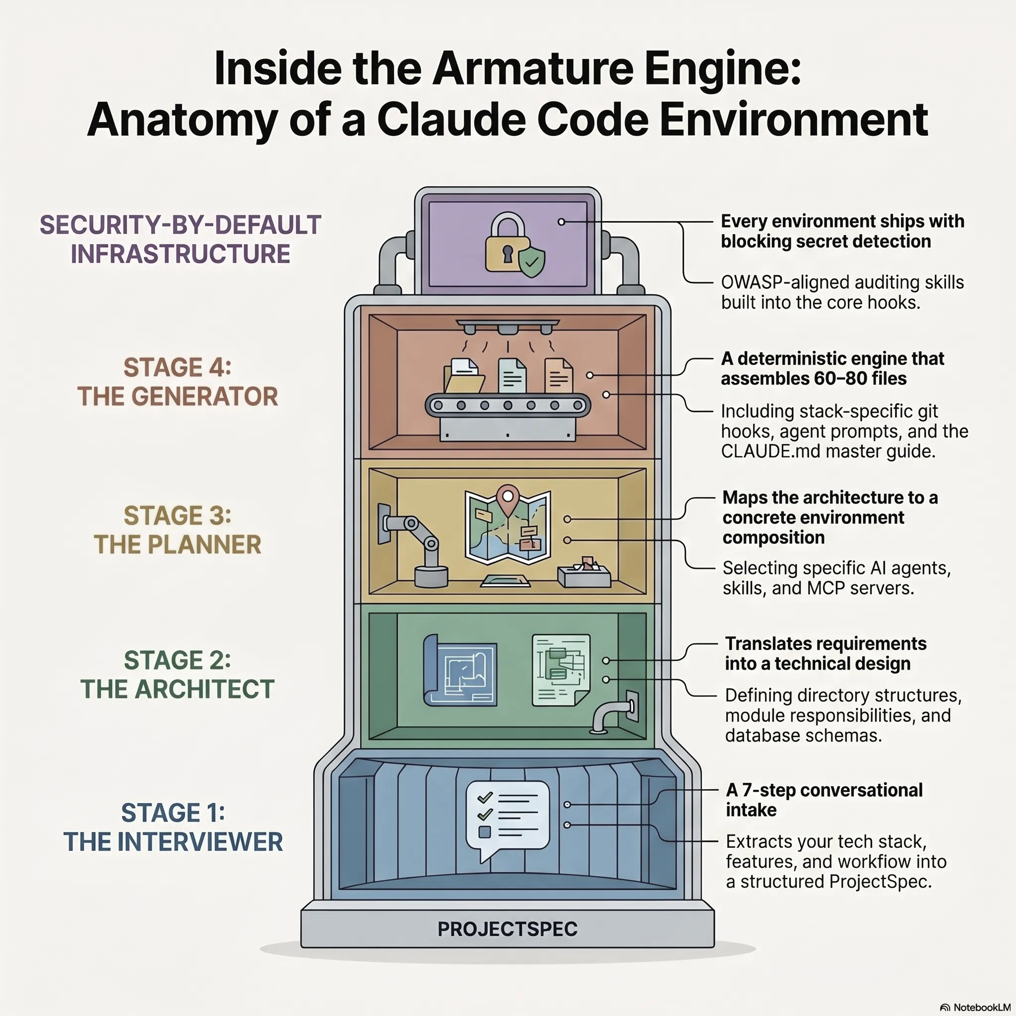 Armature’s four-stage pipeline: Interviewer, Architect, Planner, Generator, with the interview feeding an architecture that is planned and then assembled into a complete Claude Code environment