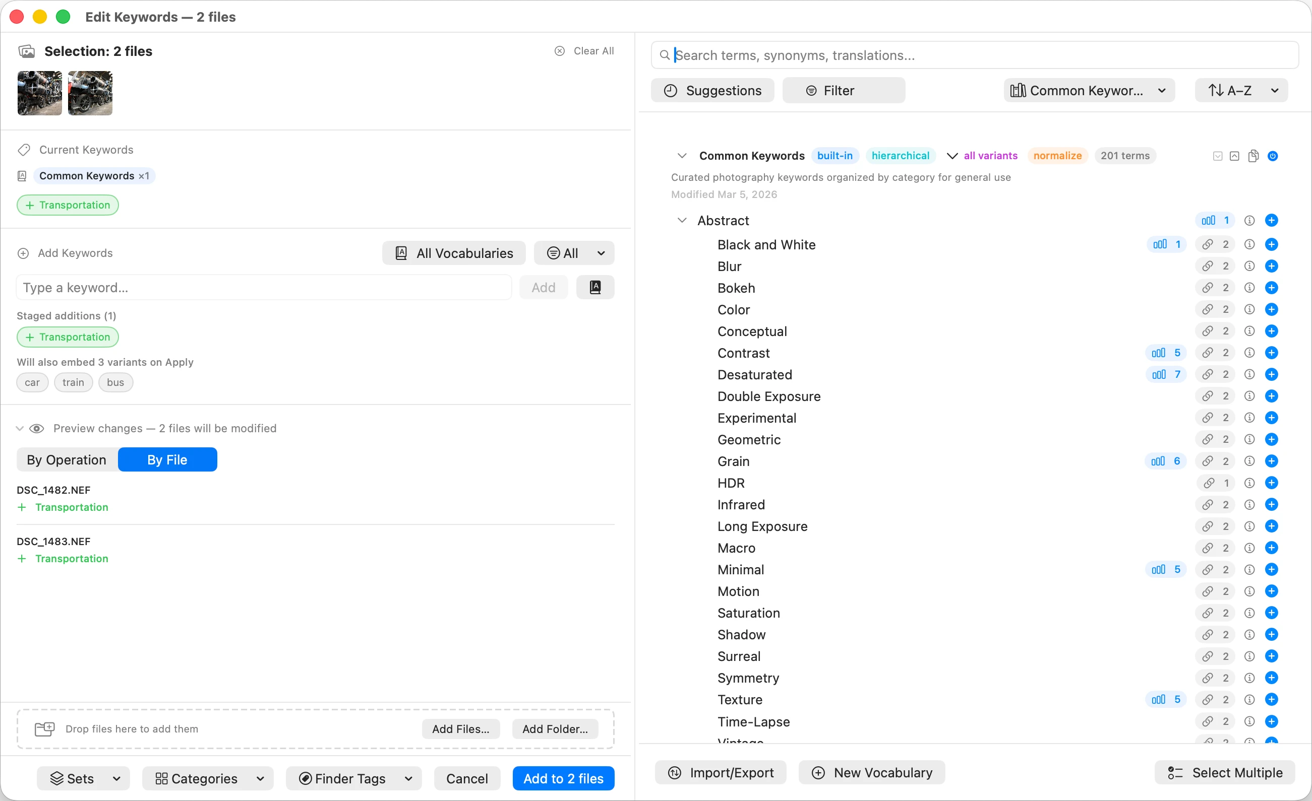 MetaScope Edit Keywords workbench adding keywords across a multi-file selection, with the vocabulary browser and staged additions