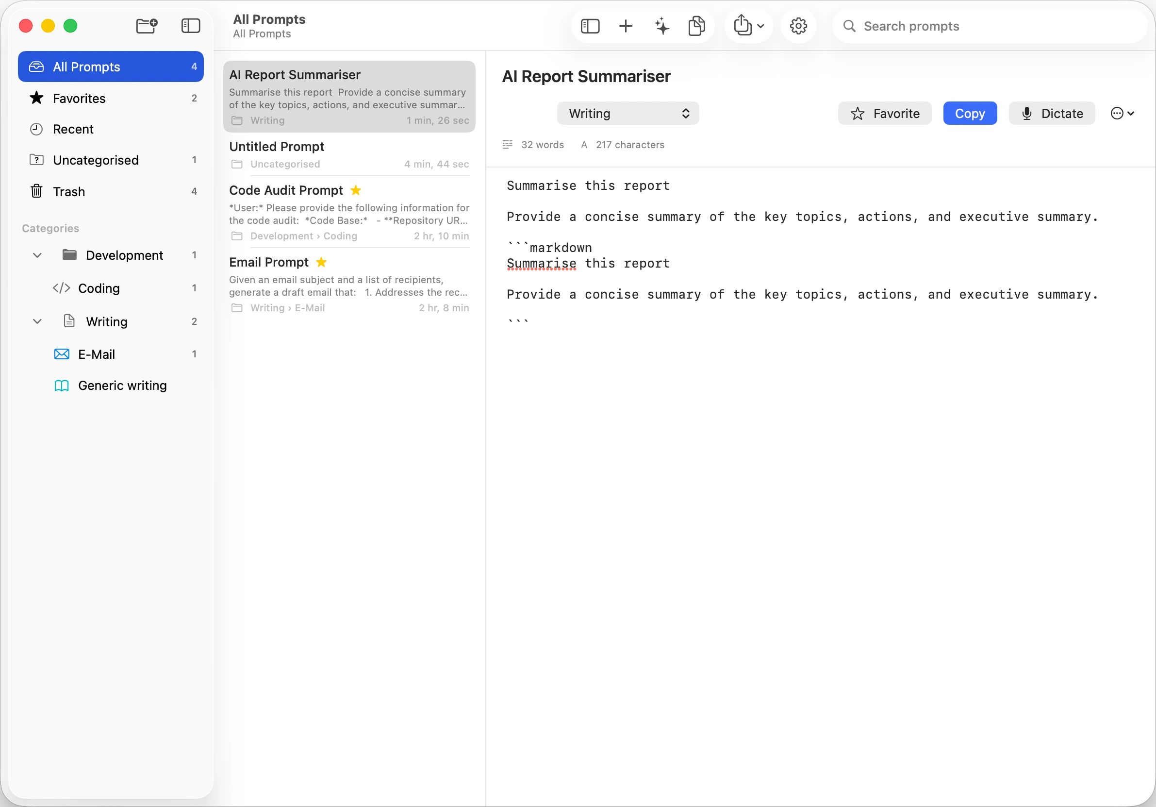 The PromptLatch Library showing personal categories, saved prompts, search, a selected prompt, and Copy and Dictate actions