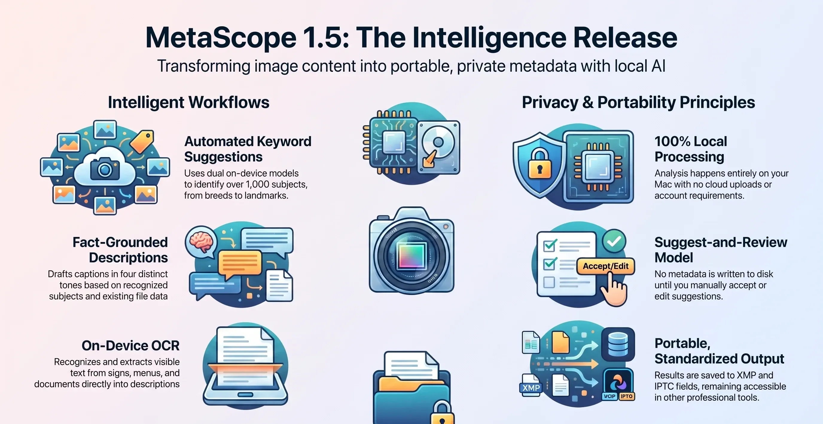 MetaScope 1.5 Intelligence Release overview: intelligent workflows (automated keyword suggestions, fact-grounded descriptions, and on-device OCR) alongside privacy and portability principles (100% local processing, a suggest-and-review model, and portable XMP and IPTC output).