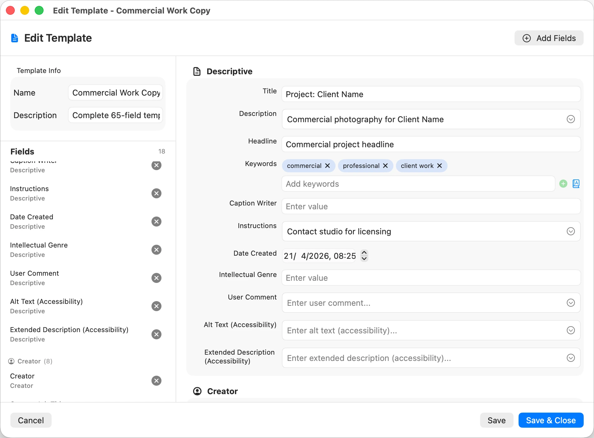 MetaScope Edit Template field editor showing Creator, Copyright Notice, Credit Line and Date Created fields