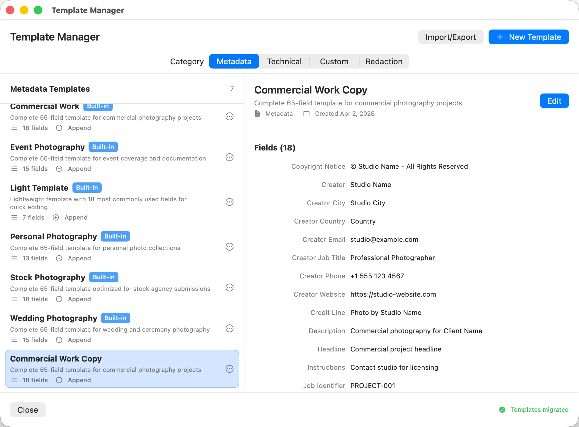 MetaScope Template Manager with pre-built templates across Metadata, Technical, and Custom categories