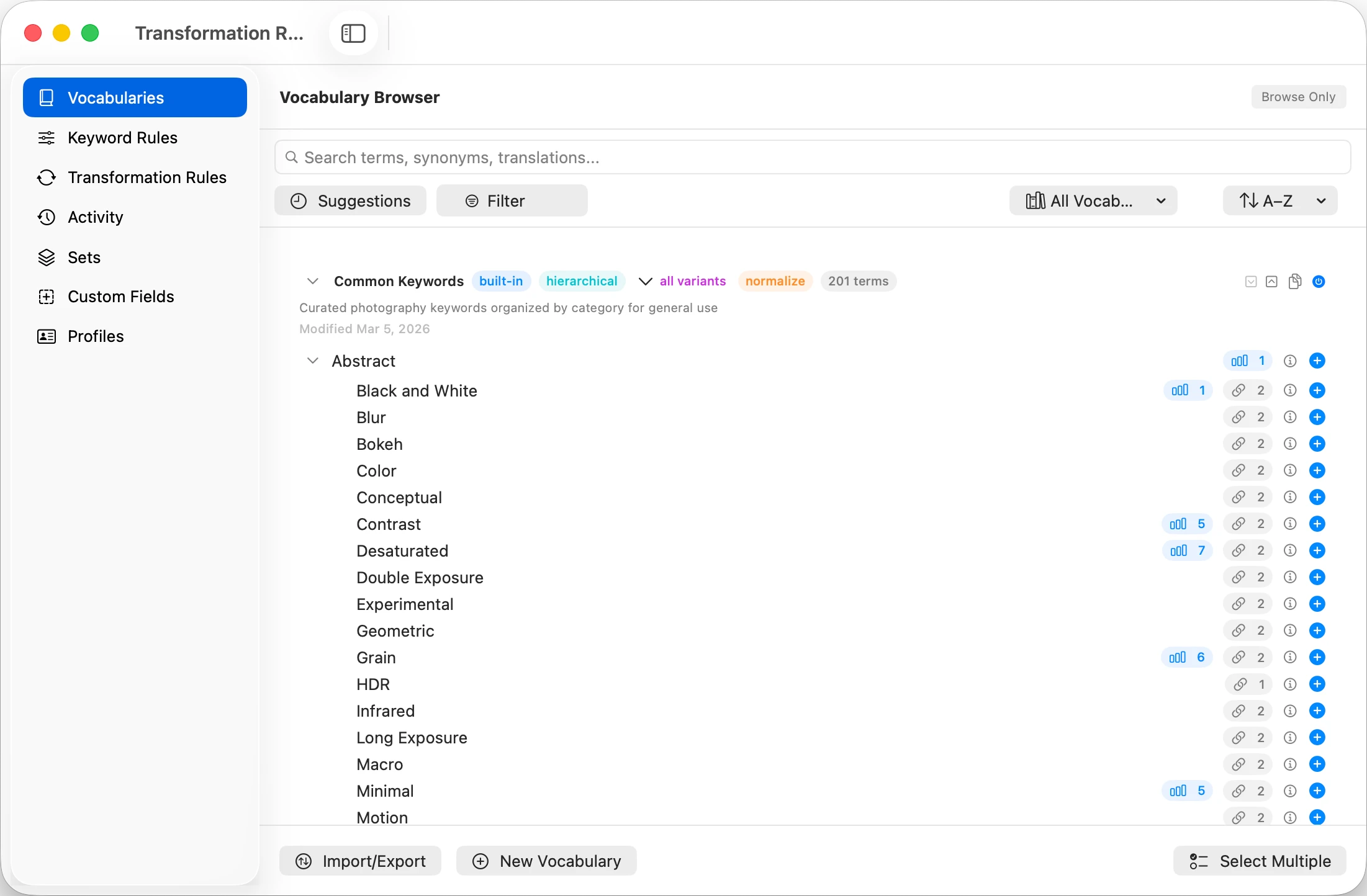 MetaScope Vocabulary Browser showing a hierarchical controlled vocabulary with synonyms and translations