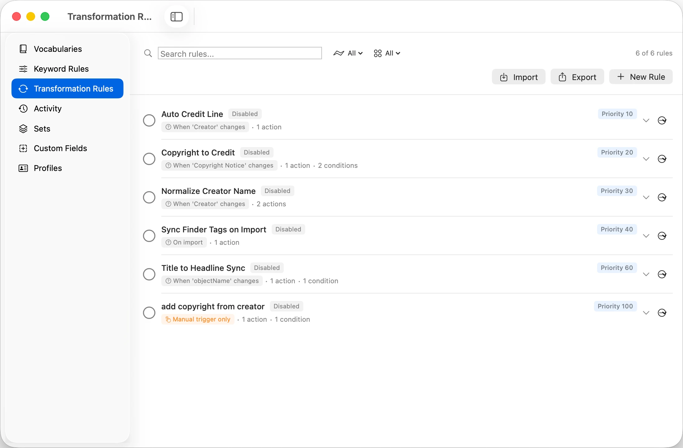 MetaScope Transformation Rules building an automatic credit line and copying copyright into the credit field